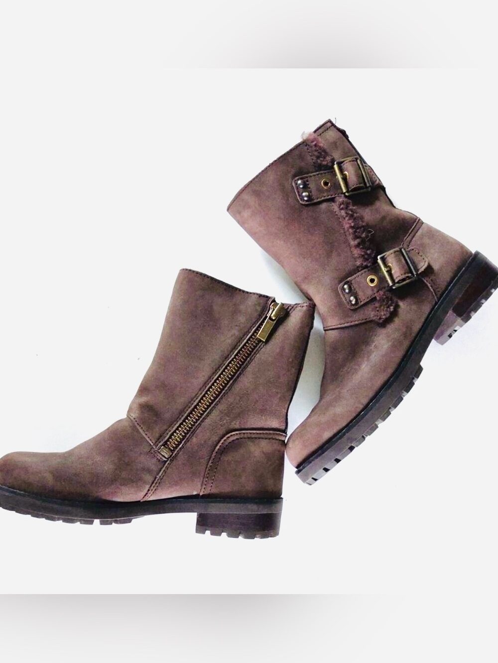 UGG Brown Suede Leather Boots Sheepskin Niels Stout Biker Mid Calf Western Moto